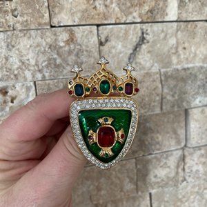 Vintage Rare Swarovski Regal Green Enamel and Clear Crystal Brooch